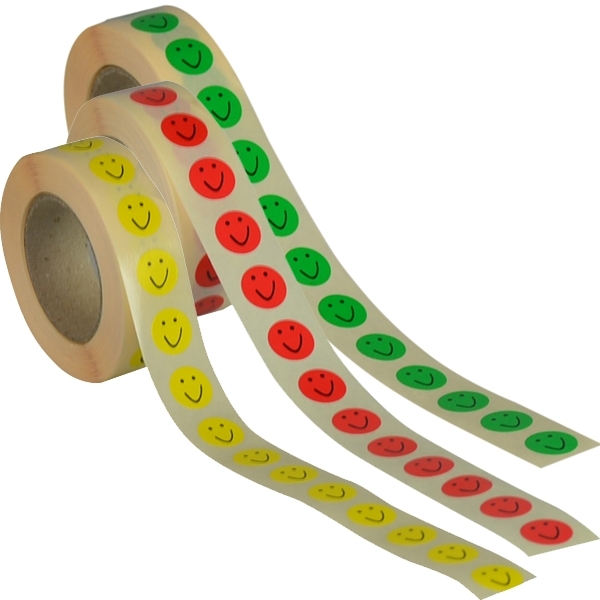 3 x Lille Smiley etiketter, rød, gul og grøn, Ø13 mm. 1.000 etiketter af hver farve