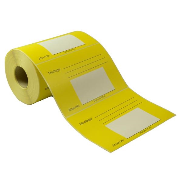 Hvide/gule neutrale forsendelsesetiketter, med plads til at skrive afsender og modtager.