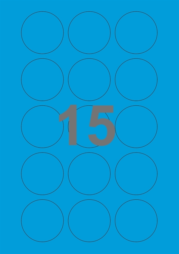 A4-etiketter, 15 Udstansede etiketter/ark, Ø50 mm, blå, 100 ark