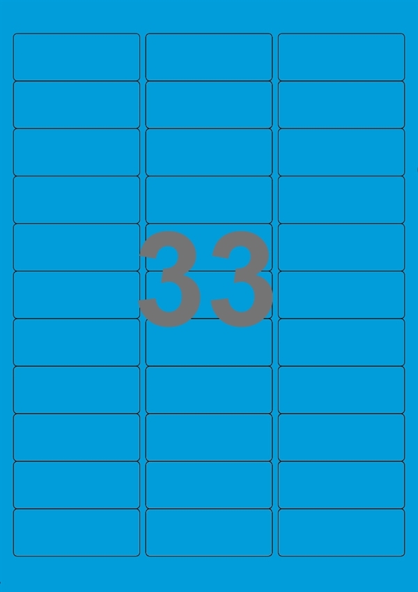 A4-etiketter, 33 Udstansede etiketter/ark, 64,0 x 24,3 mm, blå, 100 ark