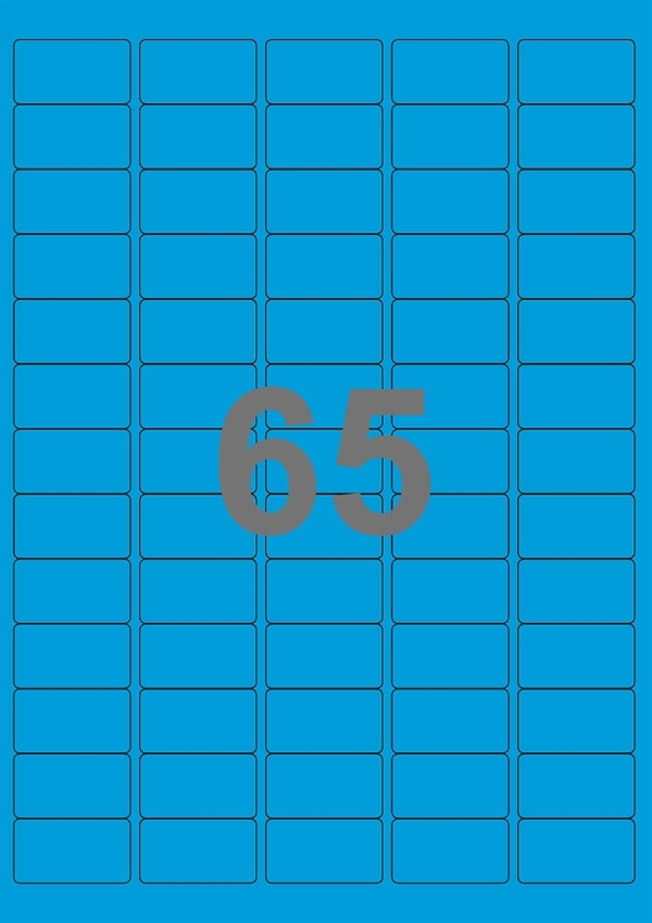 A4-etiketter, 65 Udstansede etiketter/ark, 38,1 x 21,2 mm, blå, 100 ark