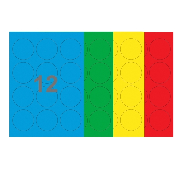 A4-etiketter, 12 Udstansede etiketter/ark, Ø60,0  mm, (blå, grøn, gul eller rød) 100 ark