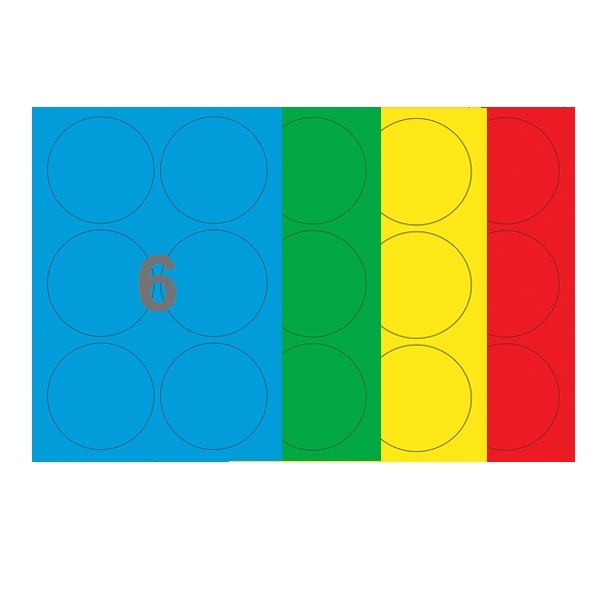 A4-etiketter, 6 runde Udstansede etiketter/ark, Ø90  mm, (blå, grøn, gul eller rød) 100 ark