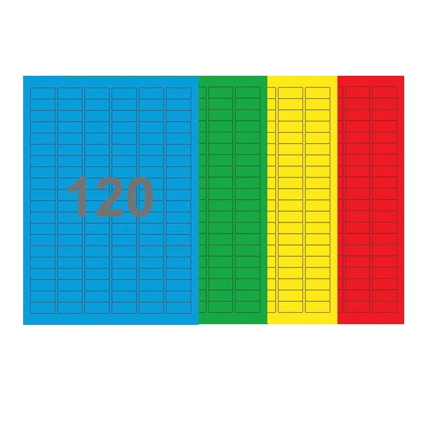 A4-etiketter, 120 Udstansede etiketter/ark, 30,0 x 14,0 mm, (blå, grøn, gul eller rød) 100 ark