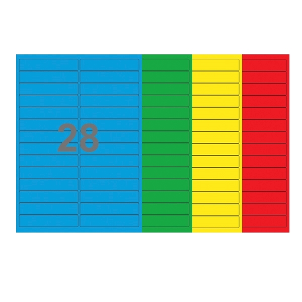 A4-etiketter, 28 Udstansede etiketter/ark, 99,0 x 20,0 mm, (blå, grøn, gul eller rød) 100 ark