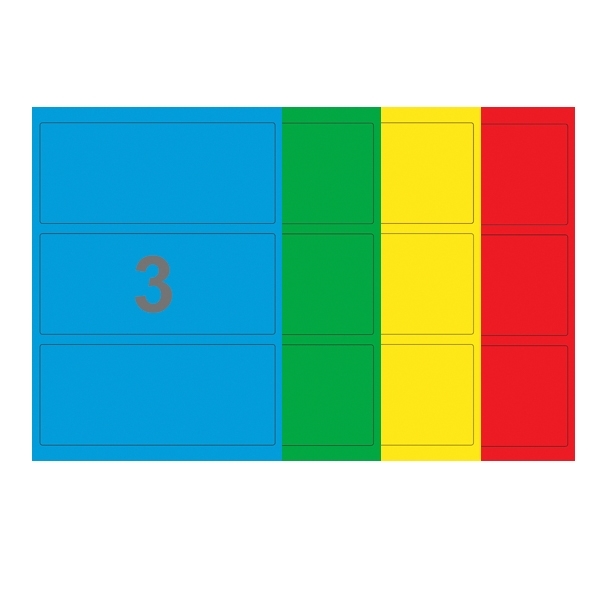A4-etiketter, 3 Udstansede etiketter/ark, 198,0 x 85,0 mm, (blå, grøn, gul eller rød) 100 ark