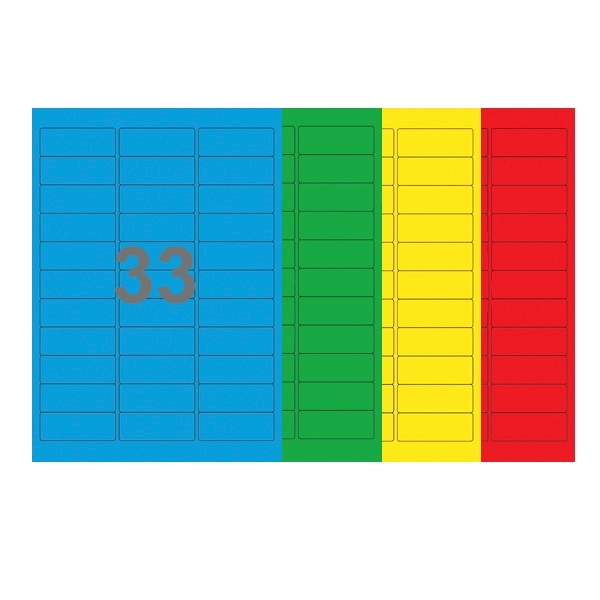 A4-etiketter, 33 Udstansede etiketter/ark, 64,0 x 24,3 mm, (blå, grøn, gul eller rød) 100 ark