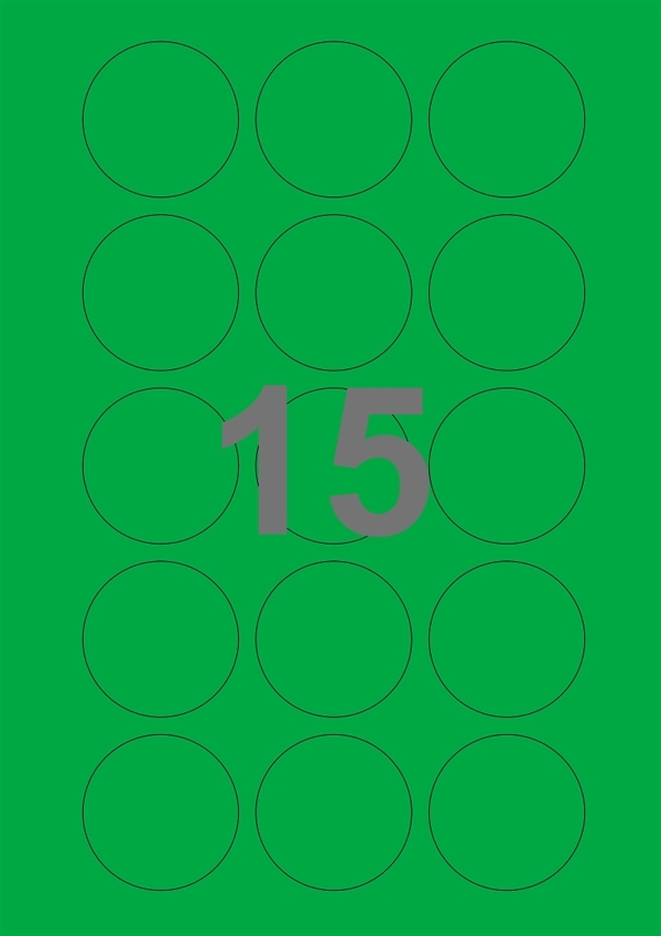 A4-etiketter, 15 Udstansede etiketter/ark, Ø50 mm, grøn, 100 ark