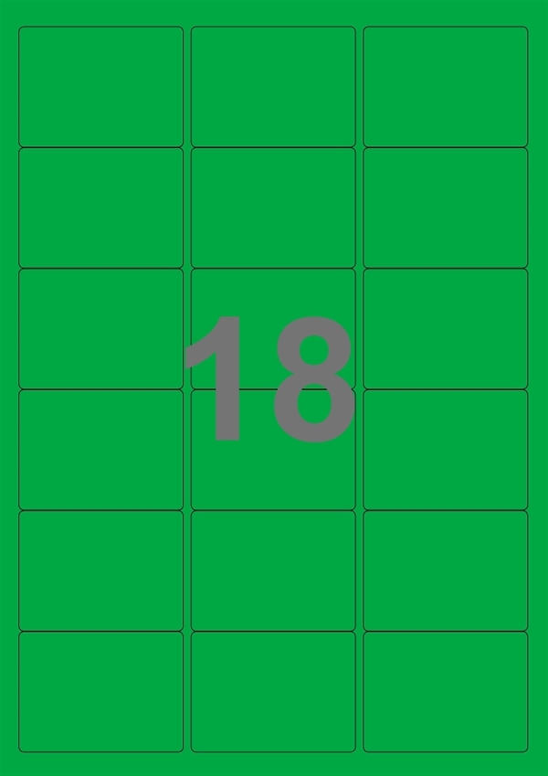 A4-etiketter, 18 Udstansede etiketter/ark, 63,5 x 46,6 mm, grøn, 100 ark