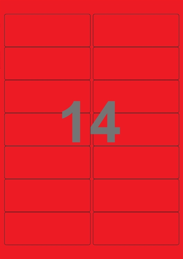 A4-etiketter, 14 Udstansede etiketter/ark, 99,1 x 38,1 mm, rød, 100 ark