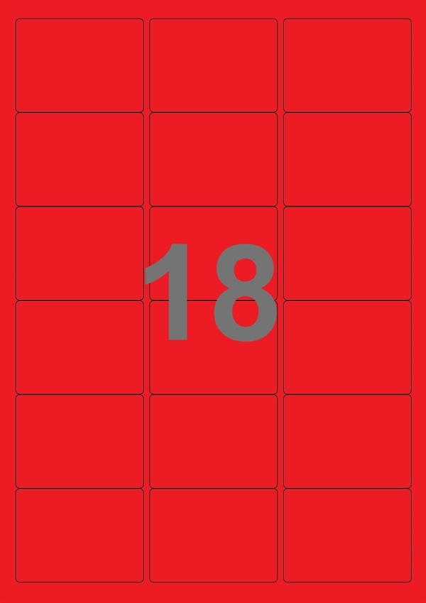 A4-etiketter, 18 Udstansede etiketter/ark, 63,5 x 46,6 mm, rød, 100 ark
