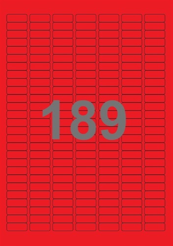 A4-etiketter, 189 Udstansede etiketter/ark, 25,4 x 10,0 mm, (blå, grøn, gul eller rød) 100 ark