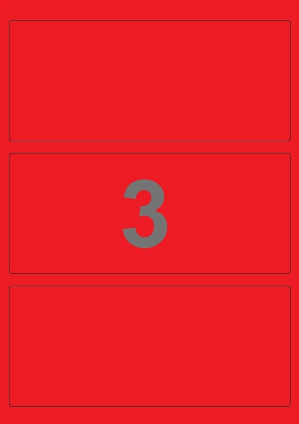 A4-etiketter, 3 Udstansede etiketter/ark, 198,0 x 85,0 mm, rød, 100 ark