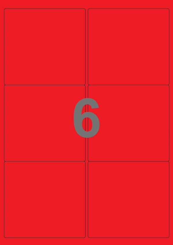A4-etiketter, 6 Udstansede etiketter/ark, 99,1 x 93,1  mm, rød, 100 ark