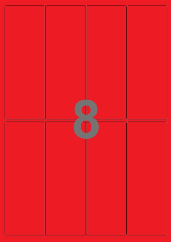 A4-etiketter, 8 Udstansede etiketter/ark, 50,0 x 140,0  mm, rød, 100 ark