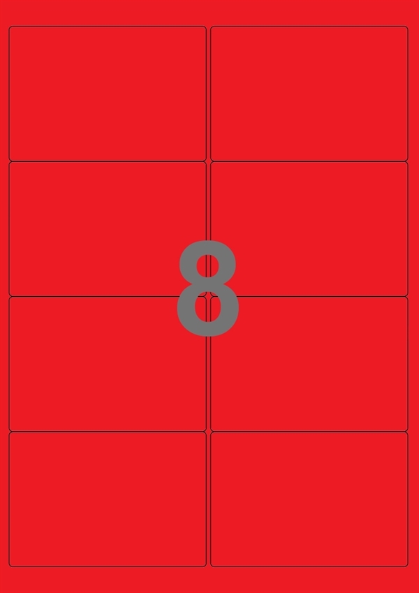 A4-etiketter, 8 Udstansede etiketter/ark, 99,1 x 67,7  mm, rød, 100 ark
