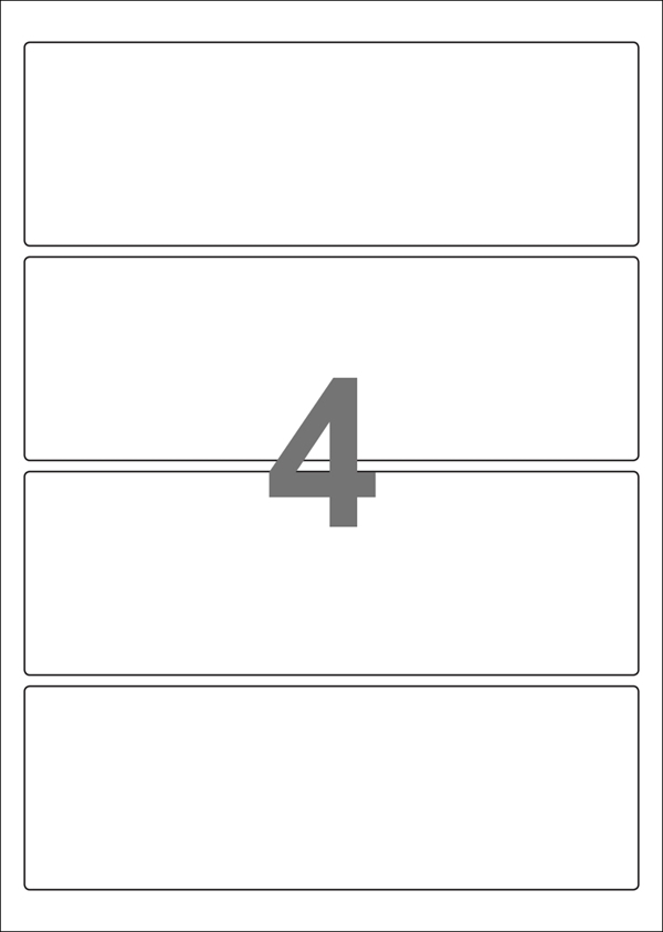 A4-4 smal, 4 Utstansede etiketter/ark, 195 x 65 mm, hvit matt, permanent lim, 100 ark