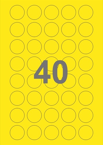 A4-etiketter, 40 Udstansede etiketter/ark, Ø30 mm, gul, 100 ark