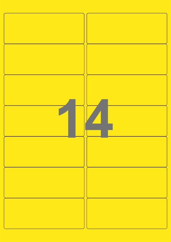 A4-etiketter, 14 Udstansede etiketter/ark, 99,1 x 38,1 mm, gul, 100 ark