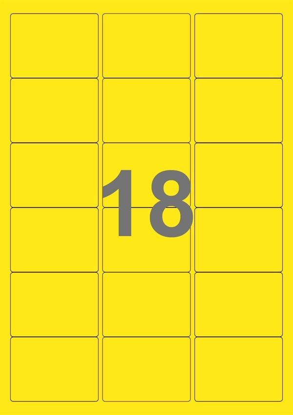 A4-etiketter, 18 Udstansede etiketter/ark, 63,5 x 46,6 mm, gul, 100 ark
