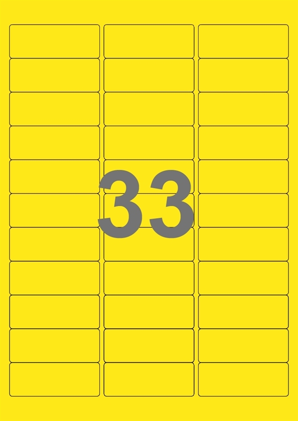 A4-etiketter, 33 Udstansede etiketter/ark, 64,0 x 24,3 mm, gul, 100 ark