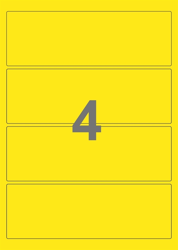 A4-etiketter, 4 Udstansede etiketter/ark, 195,0 x 65,0 mm, gul, 100 ark