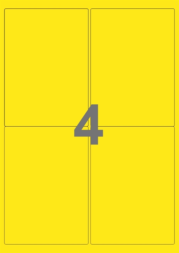 A4-etiketter, 4 Udstansede etiketter/ark, 99,1 x 139,0  mm, gul, 100 ark