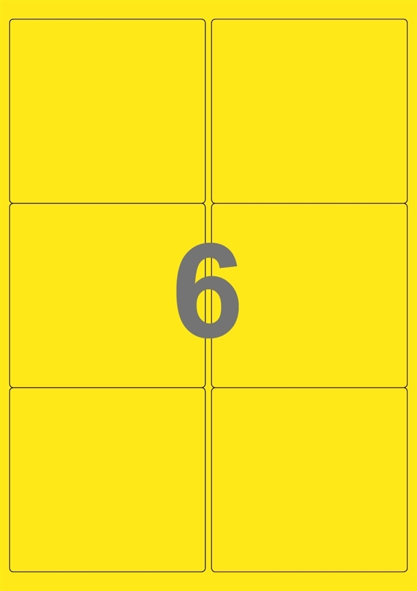 A4-etiketter, 6 Udstansede etiketter/ark, 99,1 x 93,1  mm, gul, 100 ark
