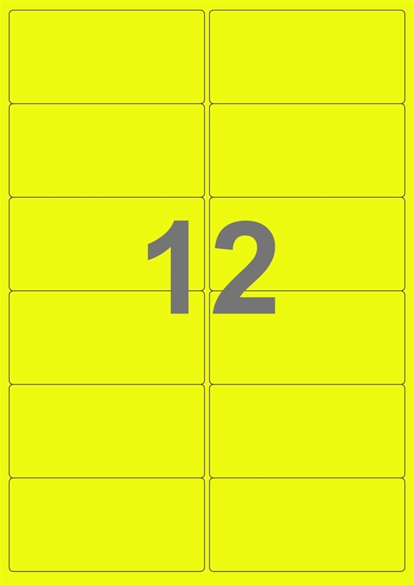 A4-etiketter, 12 Udstansede etiketter/ark, 99,1 x 47,5 mm, neon gul, 100 ark