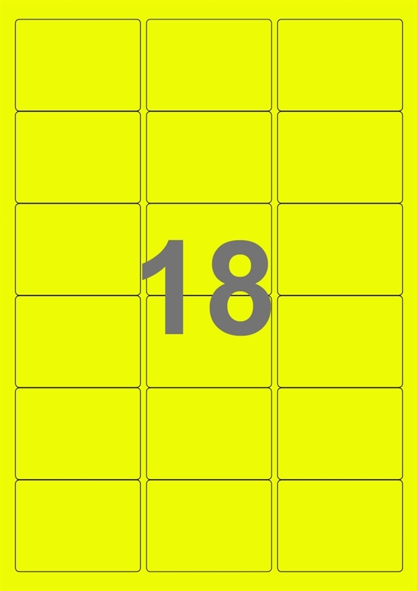 A4-etiketter, 18 Udstansede etiketter/ark, 63,5 x 46,6 mm, neon gul, 100 ark