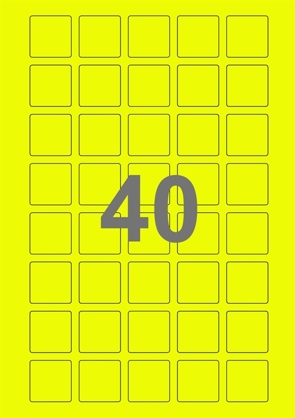 A4-etiketter, 40 Udstansede etiketter/ark, 30,0 x 30,0 mm, neon gul, 100 ark
