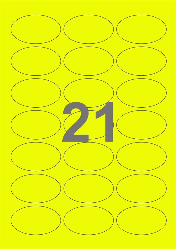 A4-etiketter, 21 Udstansede etiketter/ark, ovale, 60,00 x 35,00 mm, neon gul, 100 ark
