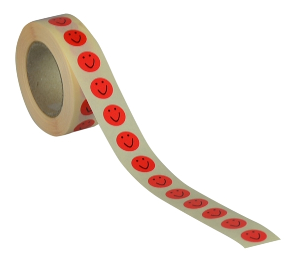 Lille Smiley klistermærke, rød, Ø13 mm. 1.000 etiketter/rulle.