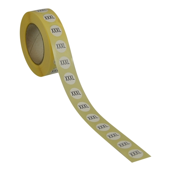 Størrelsesmærker XXXL til at indikere tøjets størrelse. Klæber bedst på hængemærker eller plast. 1000 etiketter på rulle.