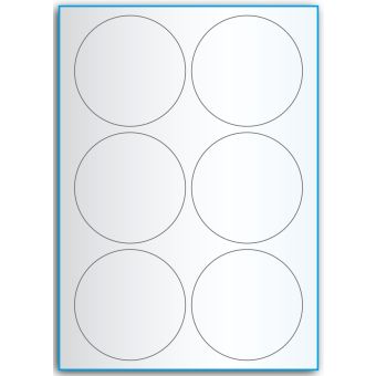 A4-Ø90, 6 utstansede transparente etiketter/ark, Ø90 mm,  50 ark - A-4 etiketter, gjennomsiktige