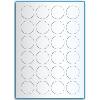 A4-Ø40, 24 Utstansede transparente etiketter/ark, Ø40 mm, 50 ark - A-4 etiketter, gjennomsiktige
