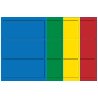 A4-3, 3 Utstansede etiketter/ark, 198,0 x 85,0 mm, (bl&aring;, gr&oslash;nn, gul eller r&oslash;d) 100 ark - 