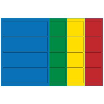 A4-4 smal, 4 Utstansede etiketter/ark, 195,0 x 65,0 mm, (blå, grønn, gul eller rød) 100 ark - Etiketter i ark for skrivere