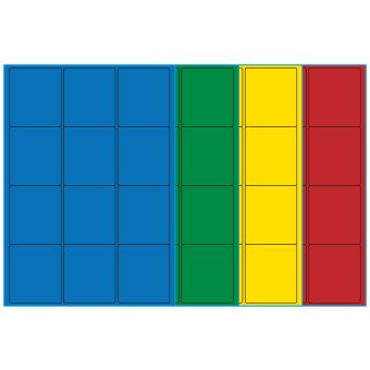 A4-12, 12 Utstansede etiketter/ark, 63,5 x 72,0  mm, (blå, grønn, gul eller rød) 100 ark - A4-etiketter, Fargede