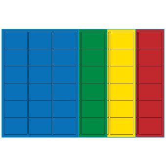 A4-18, 18 Utstansede etiketter/ark, 63,5 x 46,6 mm, (blå, grønn, gul eller rød) 100 ark - A4-etiketter, Fargede