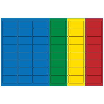 A4-24, 24 Utstansede etiketter/ark, 64,0 x 33,9 mm, (blå, grønn, gul eller rød) 100 ark - A4-etiketter, Fargede