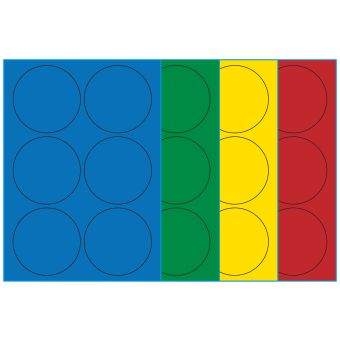 A4-Ø90, 6 Utstansede etiketter/ark, Ø90  mm, (blå, grønn, gul eller rød) 100 ark - A4-etiketter, Fargede