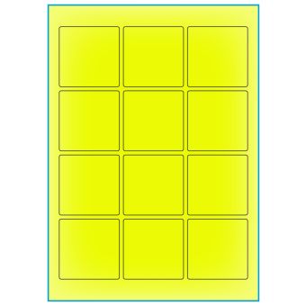 A4-12 kvad. gul neon, 12 Utstansede etiketter/ark, 60,0 x 60,0,0 mm, 100 ark - A-4 etiketter gul neon