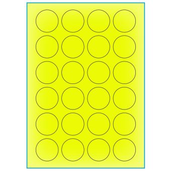 A4-Ø40 gul neon, 24 Utstansede etiketter/ark, Ø40,0 mm, 100 ark - A-4 etiketter gul neon