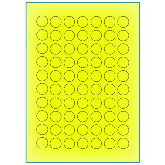 A4-Ø20 gul neon, 70 Utstansede etiketter/ark, Ø20 mm, 100 ark - A-4 etiketter gul neon