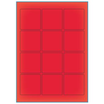 A4-12 kvad. rød neon, 12 Utstansede etiketter/ark, 60,0 x 60,0 mm, 100 ark - A-4 etiketter rød neon