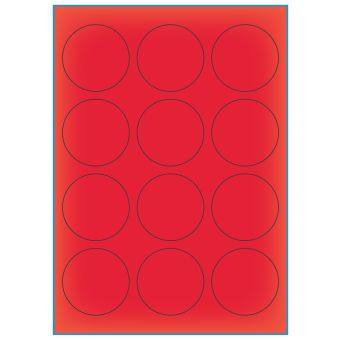 A4-Ø60 rød neon, 12 Utstansede etiketter/ark, Ø60,0 mm, 100 ark - A-4 etiketter rød neon