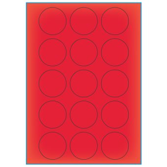 A4-Ø50 rød neon, 15 Utstansede etiketter/ark, Ø50 mm, 100 ark - A-4 etiketter rød neon