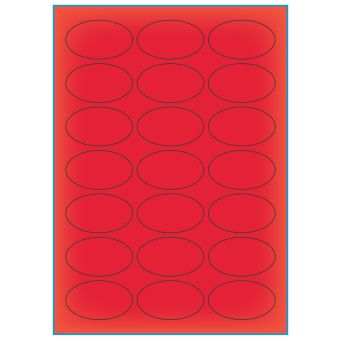 A4-21 ovale rød neon, 21 Utstansede etiketter/ark, Oval 60,00 x 35,00 mm, 100 ark - A-4 etiketter rød neon