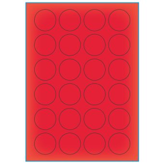 A4-Ø40 rød neon, 24 Utstansede etiketter/ark, Ø40,0 mm, 100 ark - A-4 etiketter rød neon
